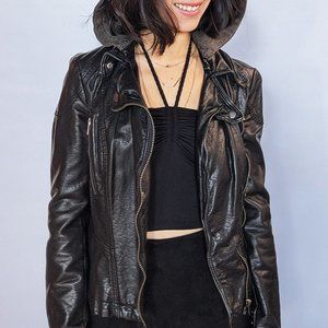 Free People black faux leather jacket with hoodie